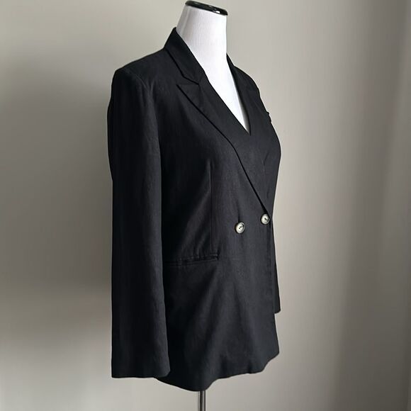 Halston Double-breasted Black Linen Blend Blazer Size M - Picture 5 of 15